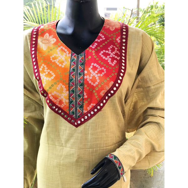 trendy denim kurti with ajrakh patchwork detail – Prasam Crafts